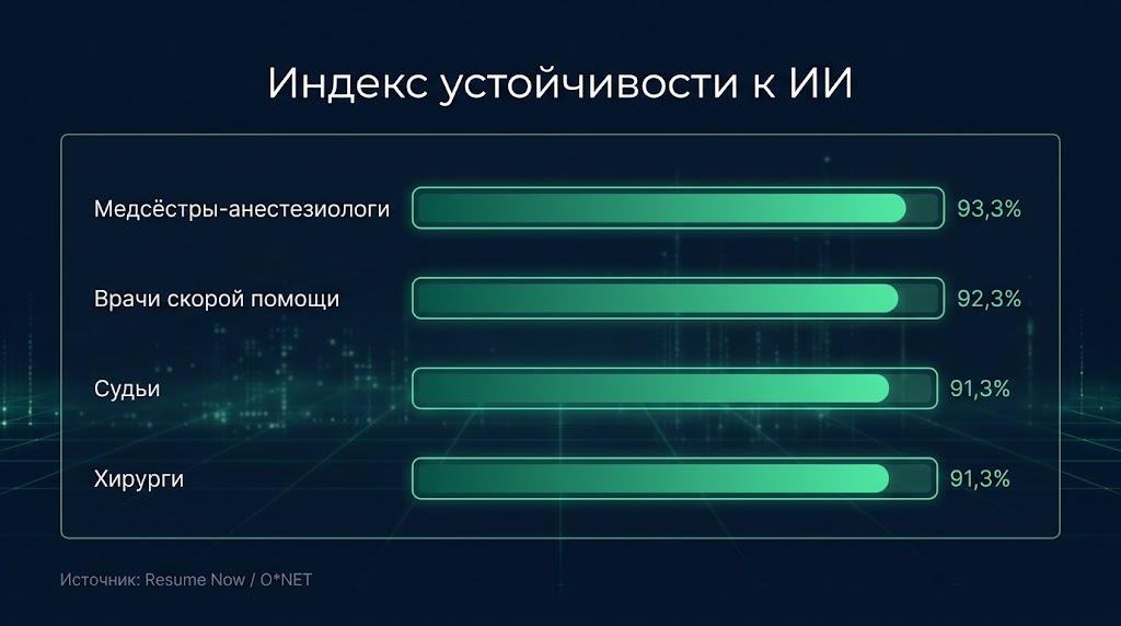Диаграмма Индекс устойчивости к ИИ Resume Now O*NET: анестезиологи 93,3, скорая 92,3, судьи и хирурги 91,3