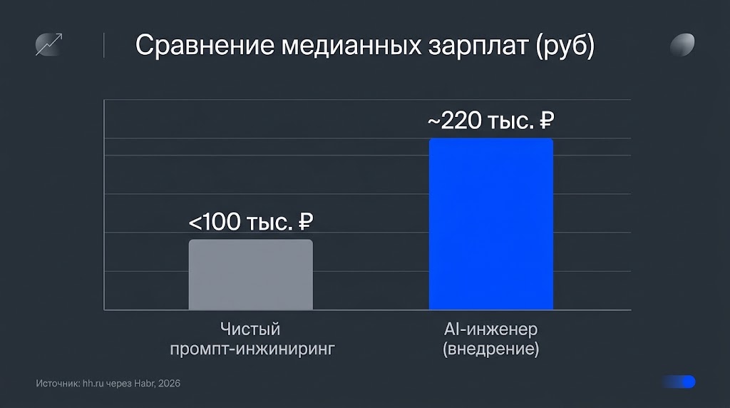 Сравнительная диаграмма зарплат: чистый промпт-инжиниринг до 100 тыс против AI-инженер около 220 тыс