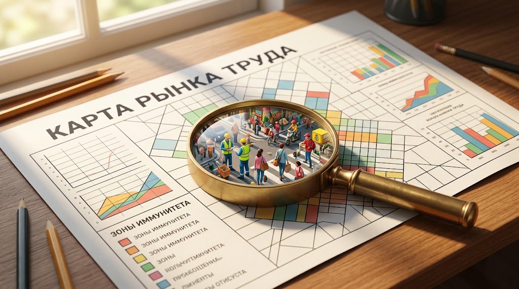 Иллюстрация карта не территория: стилизованная карта рынка труда с зонами иммунитета и лупой
